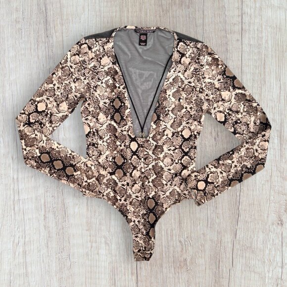 VIctoria's Secret Strappy Snake Skin Teddy Bodysuit Sexy Thong Sheer Mesh Back L - Picture 1 of 3